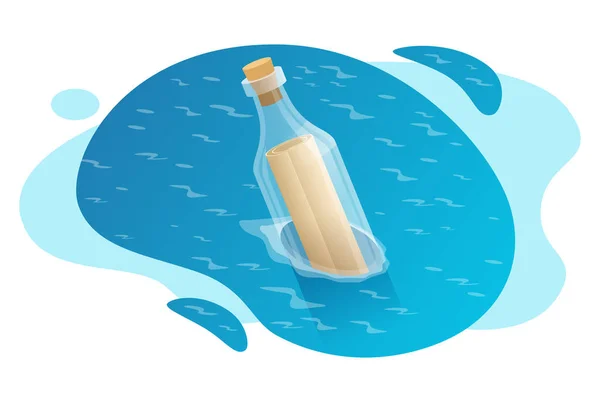 Isometrische fles met een boodschap in water. — Stockvector