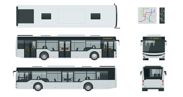 Passenger City Bus für Markenidentität und Werbedesign im Verkehrswesen. Leere City Bus Seitenansicht, vorne, hinten und von oben. Leere Stadtbus-Vorlage isoliert auf weißem Hintergrund. — Stockvektor