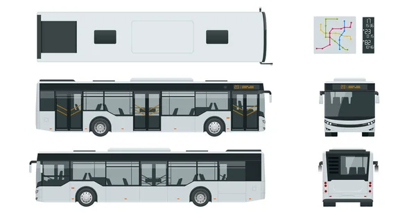 Pasajero City Bus para la identidad de marca y el diseño de publicidad en el transporte. Vista lateral del autobús urbano en blanco, delantera, trasera y desde arriba. Plantilla de autobús urbano en blanco aislada sobre fondo blanco . — Vector de stock