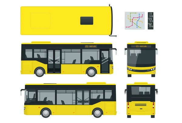 Passagier City Bus voor branding identiteit en reclame ontwerp op transport. Blanco stadsbus zijaanzicht, voor, achter en van boven. Blanco stadsbus template geïsoleerd op witte achtergrond. — Stockvector