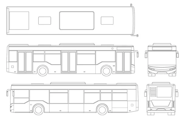 Fahrgast skizziert City Bus für Markenidentität und Werbedesign im Verkehrswesen. Leere City Bus Seitenansicht, vorne, hinten und von oben. Leere Stadtbus-Vorlage isoliert auf weißem Hintergrund. — Stockvektor
