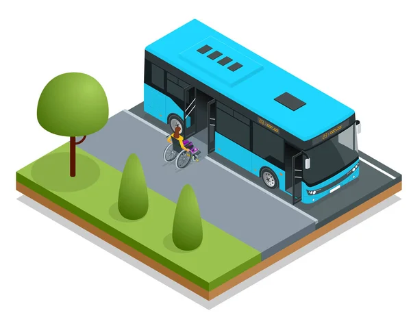 Isometrische stadsbus bij een bushalte. Een vrouw in een rolstoel verlaat de bus. Toegangsplaats voor gehandicapten en baby 's in een bus. Chauffeur helpt Man bij het betreden van het transport via rolstoelhelling. — Stockvector