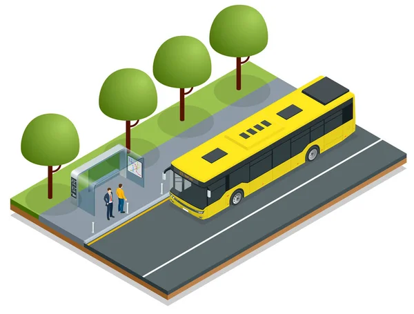 Isometric yellow City Bus at a bus stop. People get in and out of the bus. Public transport with driver and people. — Stock Vector