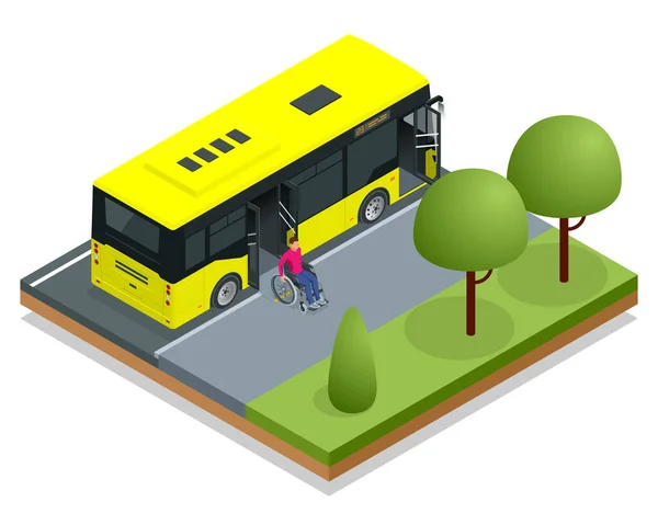 Isometrische gele stadsbus bij een bushalte. De man in een rolstoel verlaat de bus. Toegangsplaats voor gehandicapten en baby 's in een bus. Chauffeur helpt Man bij het betreden van het transport via rolstoelhelling. — Stockvector