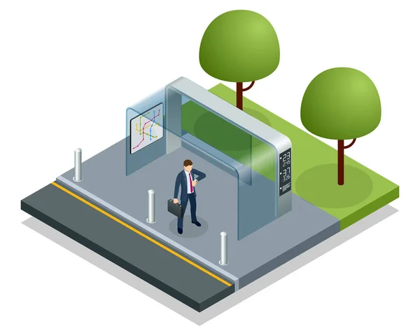 Isometrischer Geschäftsmann wartet am öffentlichen Busbahnhof auf einen Bus. Mann an einer Bushaltestelle überprüft seine Uhr, während er wartet — Stockvektor