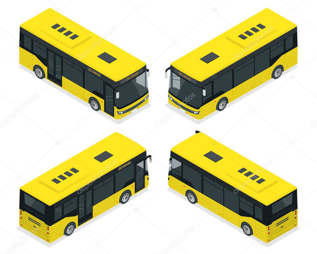 Isometric Passenger City Bus for branding identity and advertising design on transport. Blank City Bus template isolated on white background.