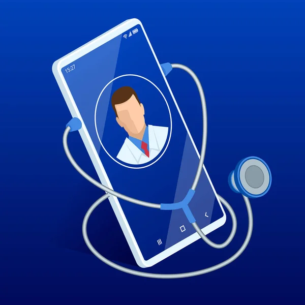 Layanan medis online. Panggil dokter menggunakan dan aplikasi layanan kesehatan pada smartphone nya konsep asuransi kesehatan yang aneh - Stok Vektor