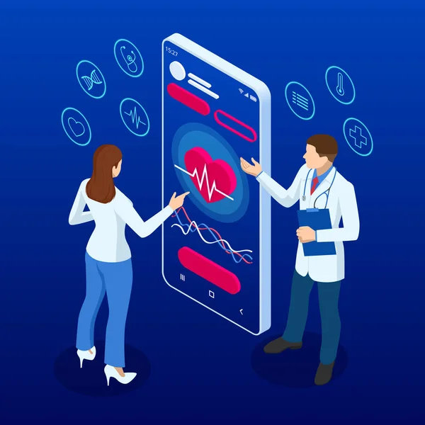 Sjukvård på nätet. Ring en läkare med hjälp av och sjukvård app på sin smartphone Isometriska begreppet sjukförsäkring — Stock vektor