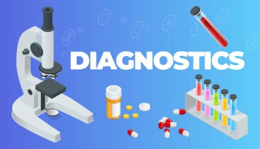 Isometric Online Tıbbi Danışmanlık. Sağlık hizmetleri konsepti. Sağlık Sigortası, Online Reçete. Karakterli çevrimiçi tanı konsepti pankartı.