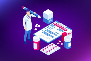 Isometric Online Tıbbi Danışmanlık. Sağlık hizmetleri konsepti. Sağlık Sigortası, Online Reçete. Karakterli çevrimiçi tanı konsepti pankartı.