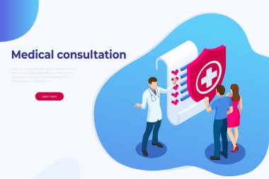 Isometric Online Tıbbi Danışmanlık. Sağlık hizmetleri konsepti. Sağlık Sigortası, Online Reçete. Karakterli çevrimiçi tanı konsepti pankartı.