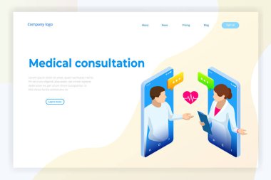 Isometric Online Tıbbi Danışmanlık. Sağlık hizmetleri konsepti. Sağlık Sigortası, Online Reçete. Karakterli çevrimiçi tanı konsepti pankartı.