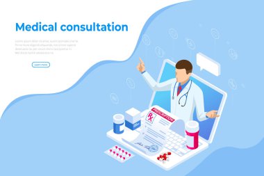 Isometric Online Tıbbi Danışmanlık. Sağlık hizmetleri konsepti. Sağlık Sigortası, Online Reçete. Karakterli çevrimiçi tanı konsepti pankartı.