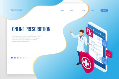 Isometric Online Tıbbi Danışmanlık. Sağlık hizmetleri konsepti. Sağlık Sigortası, Online Reçete. Karakterli çevrimiçi tanı konsepti pankartı.