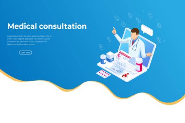 Isometric Online Tıbbi Danışmanlık. Sağlık hizmetleri konsepti. Sağlık Sigortası, Online Reçete. Karakterli çevrimiçi tanı konsepti pankartı.