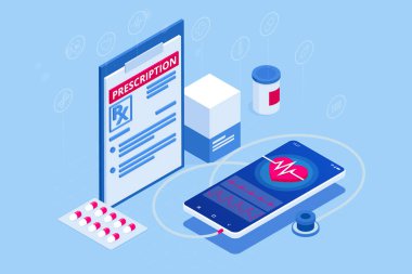 Isometric Online Tıbbi Danışmanlık. Sağlık hizmetleri konsepti. Sağlık Sigortası, Online Reçete. Karakterli çevrimiçi tanı konsepti pankartı.
