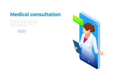 Isometric Online Tıbbi Danışmanlık. Sağlık hizmetleri konsepti. Sağlık Sigortası, Online Reçete. Karakterli çevrimiçi tanı konsepti pankartı.