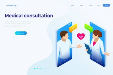 Isometric Online Tıbbi Danışmanlık. Sağlık hizmetleri konsepti. Sağlık Sigortası, Online Reçete. Karakterli çevrimiçi tanı konsepti pankartı.