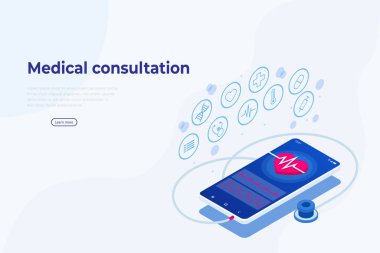 Isometric Online Tıbbi Danışmanlık. Sağlık hizmetleri konsepti. Sağlık Sigortası, Online Reçete. Karakterli çevrimiçi tanı konsepti pankartı.