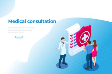 Isometric Online Tıbbi Danışmanlık. Sağlık hizmetleri konsepti. Sağlık Sigortası, Online Reçete. Karakterli çevrimiçi tanı konsepti pankartı.