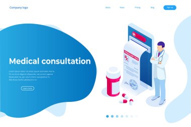 Isometric Online Tıbbi Danışmanlık. Sağlık hizmetleri konsepti. Sağlık Sigortası, Online Reçete. Karakterli çevrimiçi tanı konsepti pankartı.