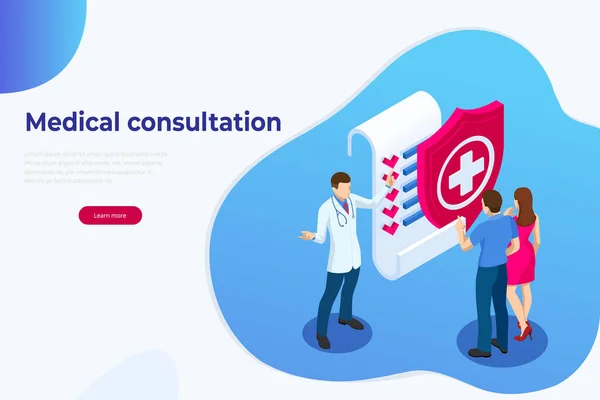 Isometric Online Medical Consultation. Health care Concept. Health Insurance, Online Prescription. Online diagnosis concept banner with characters. — Stock Vector