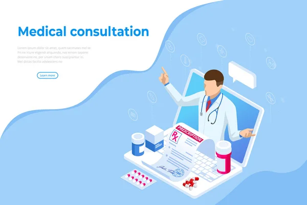 Consultazione medica online isometrica. Concetto sanitario. Assicurazione sanitaria, Prescrizione online. Concetto di diagnosi online banner con caratteri . — Vettoriale Stock