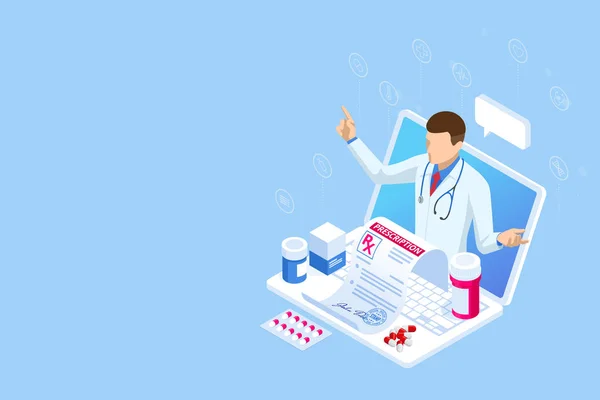 Consulta Médica Isométrica en Línea. Concepto de salud. Seguro de salud, prescripción en línea. Banner de concepto de diagnóstico en línea con personajes . — Vector de stock