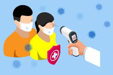 Bir doktor tıbbi maske takan bir kadının sıcaklığını ölçer. Roman Wuhan Coronavirus 2019-nCoV salgını. Tıbbi Dijital Bağlantı Olmayan Kızılötesi Termometre, covid-19 kontrol noktası