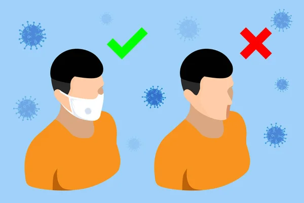 Enfeksiyonu durdur. Tıbbi maske takmalısın. Tıbbi maskeli ve maskesiz bir adam. Çin, Coronavirüs salgınıyla savaşıyor. Virüs solunum sistemine, salgın hastalık riskine saldırıyor. — Stok Vektör