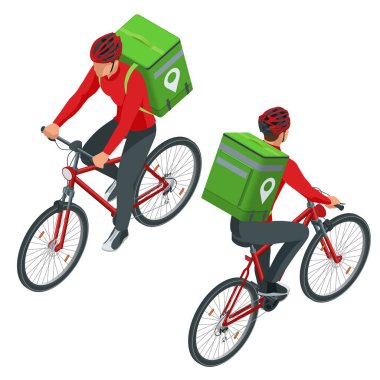 Isometric bisiklet kuryesi, Express teslimat servisi. Bisikletli kurye, arkasında yiyecek getiren bir paket var. Ekolojik hızlı teslimat. Şehir Yemek Teslimat Servisi. Çevrimiçi sıralama.