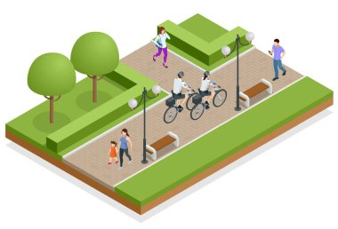 Bisikletli bir kadın ve bir erkek polis memuru sokaklarda devriye geziyor. Bisiklet süren Isometric Polis Memuru.