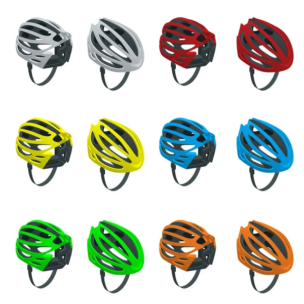 Isometrische Fahrradhelme setzen Symbole. Fahrradhelm Vorder- und Rückseite isoliert auf weißem Hintergrund — Stockvektor