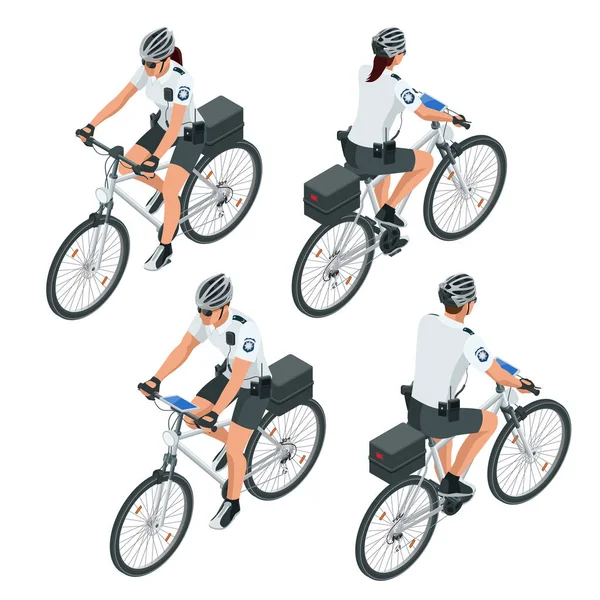 A female and a male police officer on bicycle patrols the streets. Isometric Policeman riding a bicycle. — Stock Vector