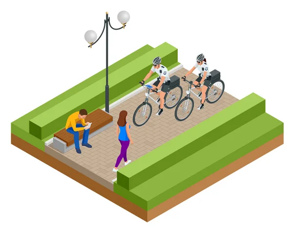 한 여성 경찰관 과 남성 경찰관 이 자전거를 타고 거리를 순찰하고 있다. 자전거를 타는 정치인 같은 사람은. — 스톡 벡터