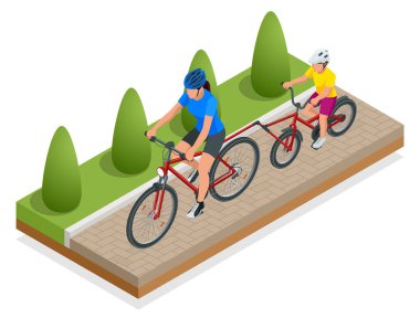 Römork ya da bisiklet eklentisi. Yardımcı pilot anne ve küçük oğlu yazın ikili bisiklette birlikte bisiklet sürüyorlar. Ön görünüm