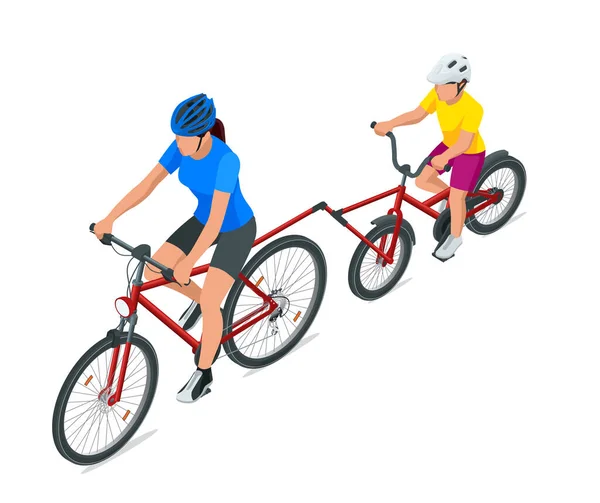 Römork ya da bisiklet eklentisi. Yardımcı pilot anne ve küçük oğlu yazın ikili bisiklette birlikte bisiklet sürüyorlar. Ön görünüm — Stok Vektör