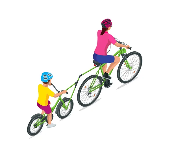 Ciclo do reboque ou fixação de bicicleta. Co-piloto de bicicleta mãe e filho jovem de bicicleta juntos em uma bicicleta em tandem no verão. Vista traseira — Vetor de Stock