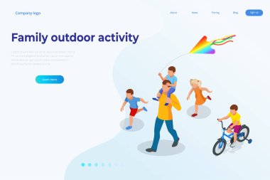 Aile açık hava aktivitesi. Mutlu aile kavramı. Sağlıklı yaşam tarzı açık havada. Bisiklet izometrik insanlar.