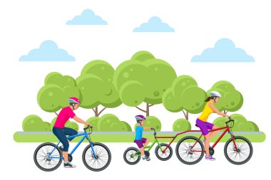 Aile açık hava aktivitesi. Mutlu aile kavramı. Sağlıklı yaşam tarzı açık havada. Bisiklet izometrik insanlar.