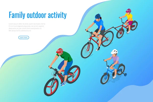 Actividad familiar al aire libre. Concepto familiar feliz. Estilo de vida saludable al aire libre. Bicicleta personas isométricas . — Vector de stock