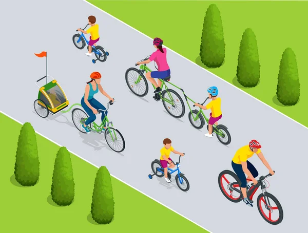 Family outdoor activity. Happy family concept. Healthy Lifestyle Outdoor. Bicycle isometric people. — Stock Vector