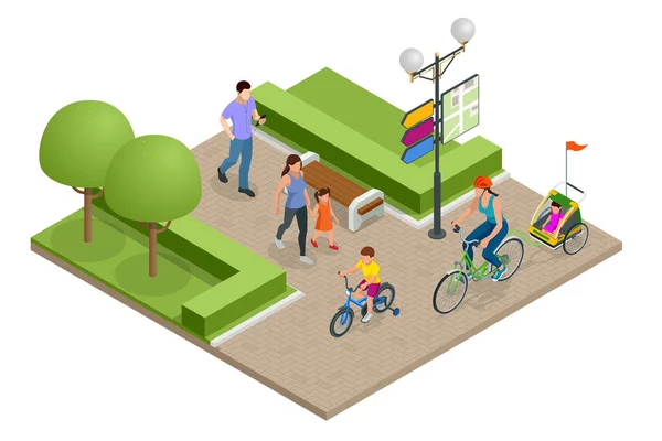 Actividad familiar al aire libre. Concepto familiar feliz. Estilo de vida saludable al aire libre. Bicicleta personas isométricas . — Vector de stock