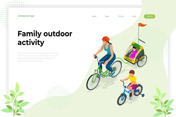 Actividad familiar al aire libre. Concepto familiar feliz. Estilo de vida saludable al aire libre. Bicicleta personas isométricas . — Archivo Imágenes Vectoriales