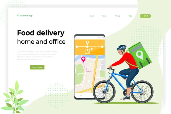 Biciklis futár, Expressz futár. Futár biciklin, csomagtartóval a hátán, ételt szállít a városban. Ökológiai gyors szállítás. Városi Élelmiszerszállító Szolgálat. Online rendelés. — Stock Vector