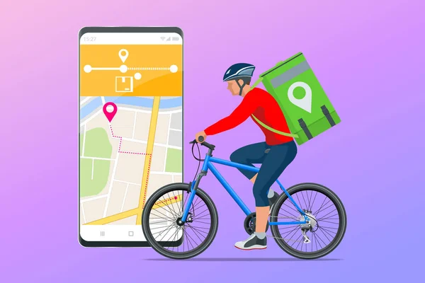 Servicio de mensajería para bicicletas, Servicio de entrega urgente. Mensajero en bicicleta con caja de paquetes en la parte posterior entrega de alimentos en la ciudad. Entrega rápida ecológica. City Food delivery service. Pedido en línea . — Archivo Imágenes Vectoriales