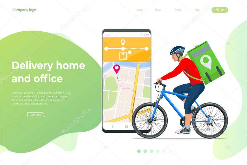 Bicycle courier, Express delivery service. Courier on bicycle with parcel box on the back delivering food In city. Ecological fast delivery. City Food delivery service. Online ordering.