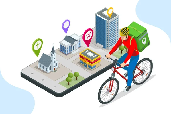 Servicio de mensajería isométrica para bicicletas, servicio de entrega urgente. Mensajero en bicicleta con caja de paquetes en la parte posterior entrega de alimentos en la ciudad. Entrega rápida ecológica. City Food delivery service. Pedido en línea . — Vector de stock