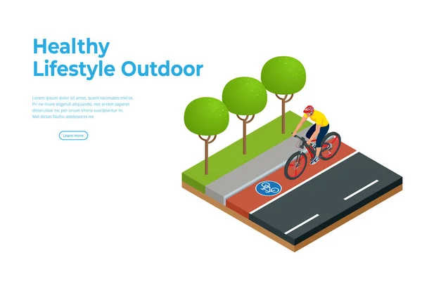 Isometrische mensen op fietstocht op het fietspad. Gezonde Lifestyle Outdoor. Fietspad. — Stockvector