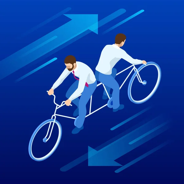 Isometric competition Businessman on bicycle tandem ride in different directions. — Stock Vector